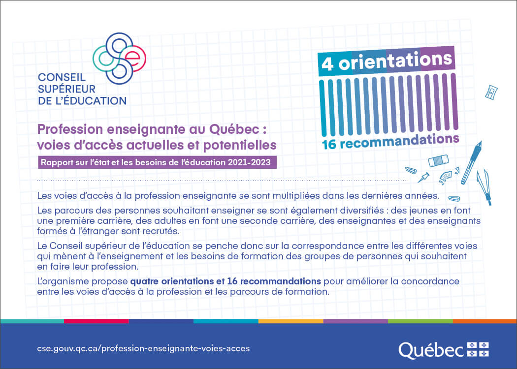 Profession enseignante au Québec : voies d’accès actuelles et potentielles - Carton : Faits saillants